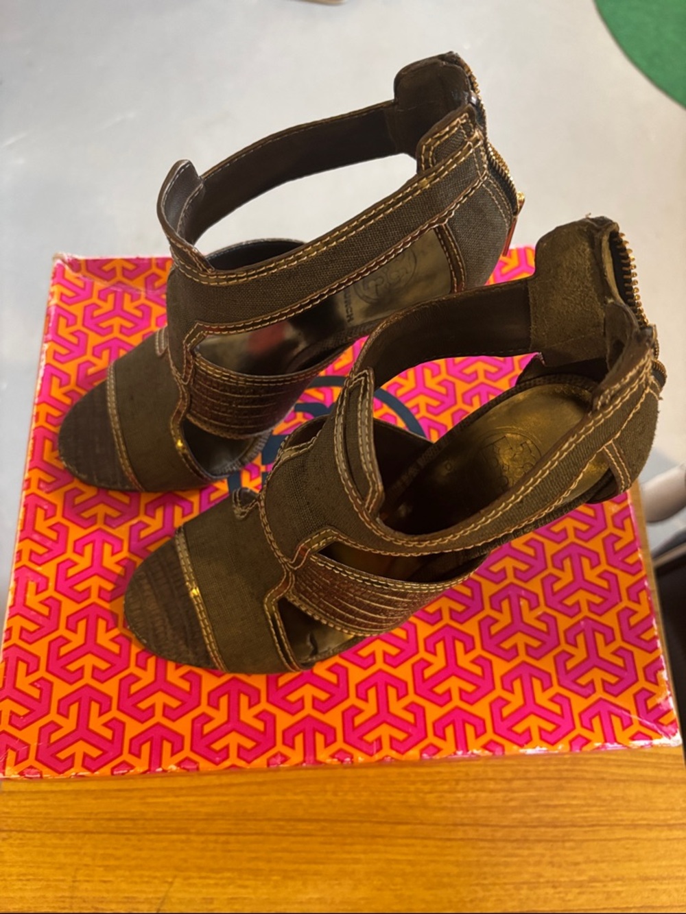 Tory Burch Olive Brown Strappy Wedge Heels with Back Zip